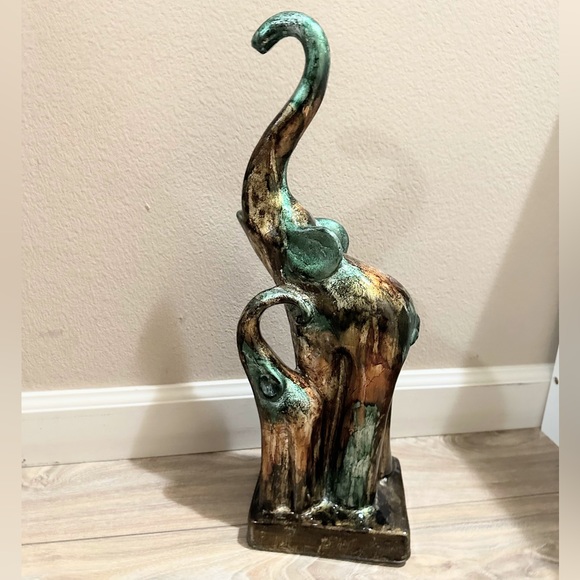 Other - Red Clay Metallic Foil Teal & Brown Mosaic Paint Elephant Mama & Baby Statue